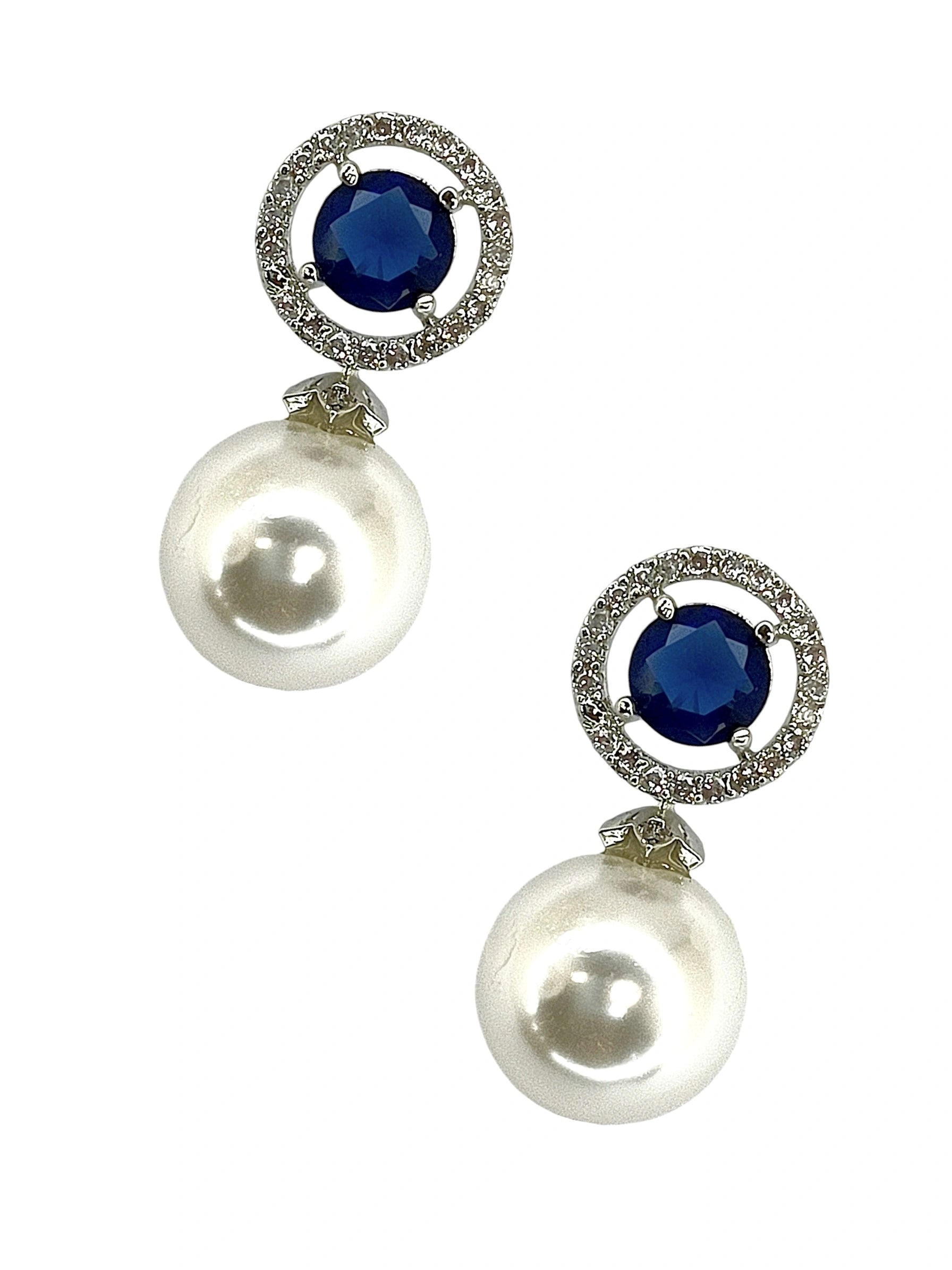 Blue Sapphire and Pearl Drop Earrings with Diamond Halo