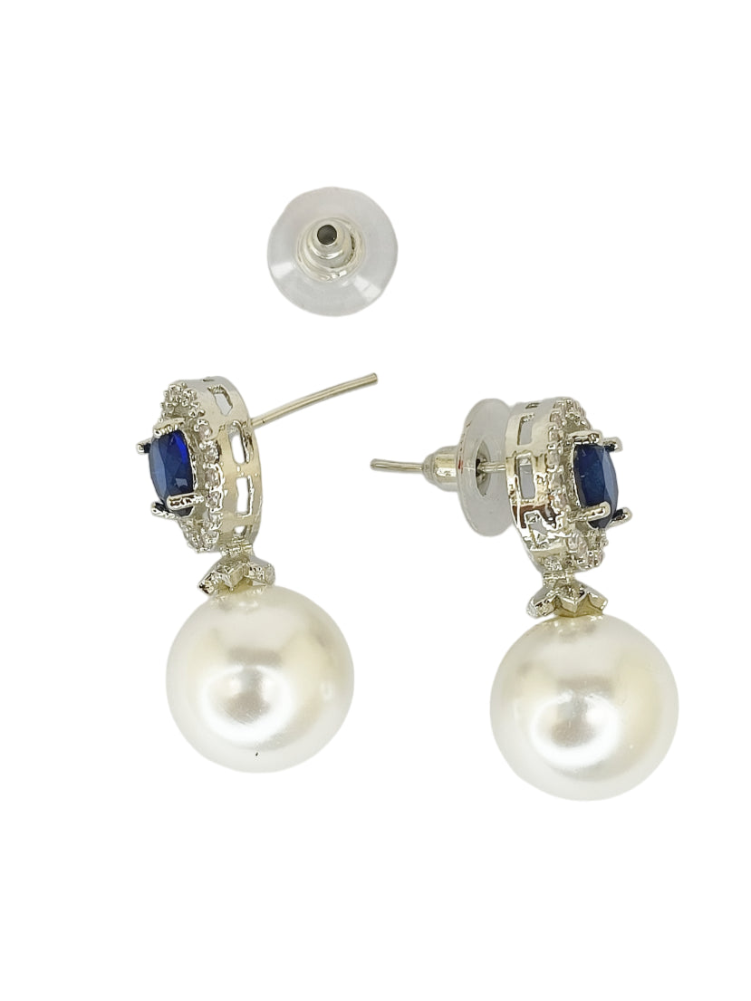 Blue Sapphire and Pearl Drop Earrings with Diamond Halo