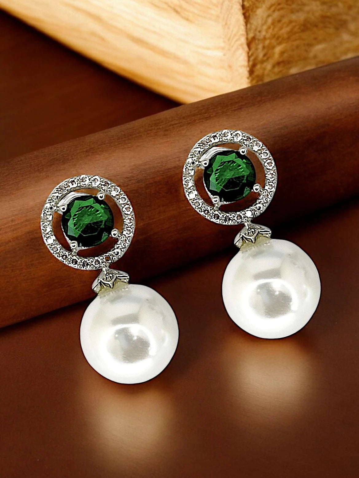 Green Emerald and Pearl Drop Earrings with Diamond Halo