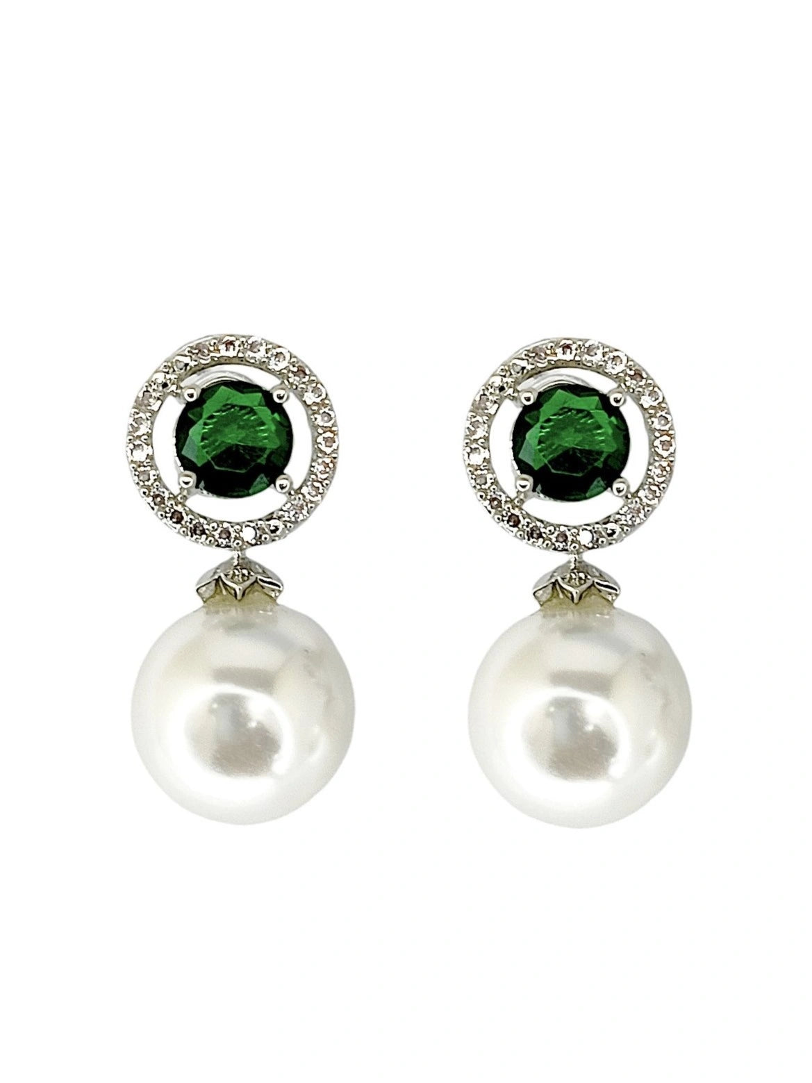 Green Emerald and Pearl Drop Earrings with Diamond Halo
