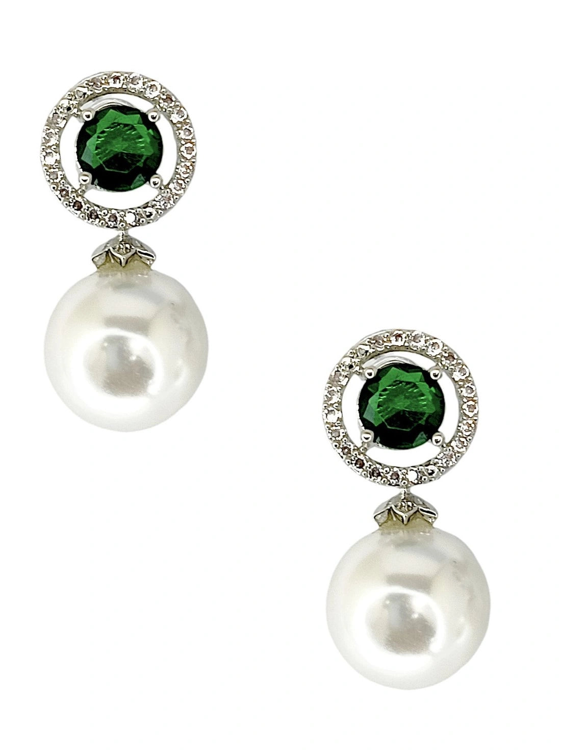 Green Emerald and Pearl Drop Earrings with Diamond Halo
