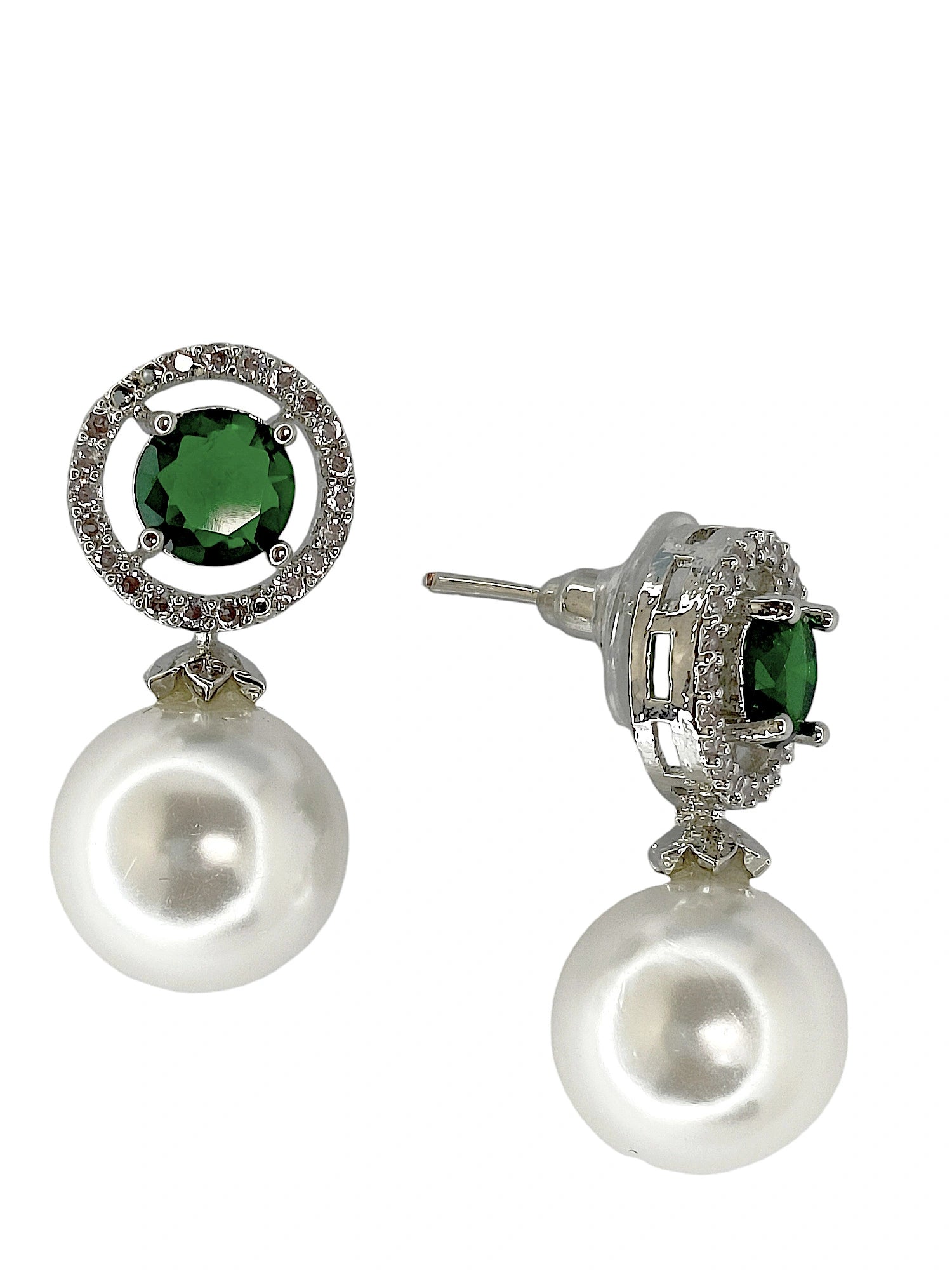 Green Emerald and Pearl Drop Earrings with Diamond Halo