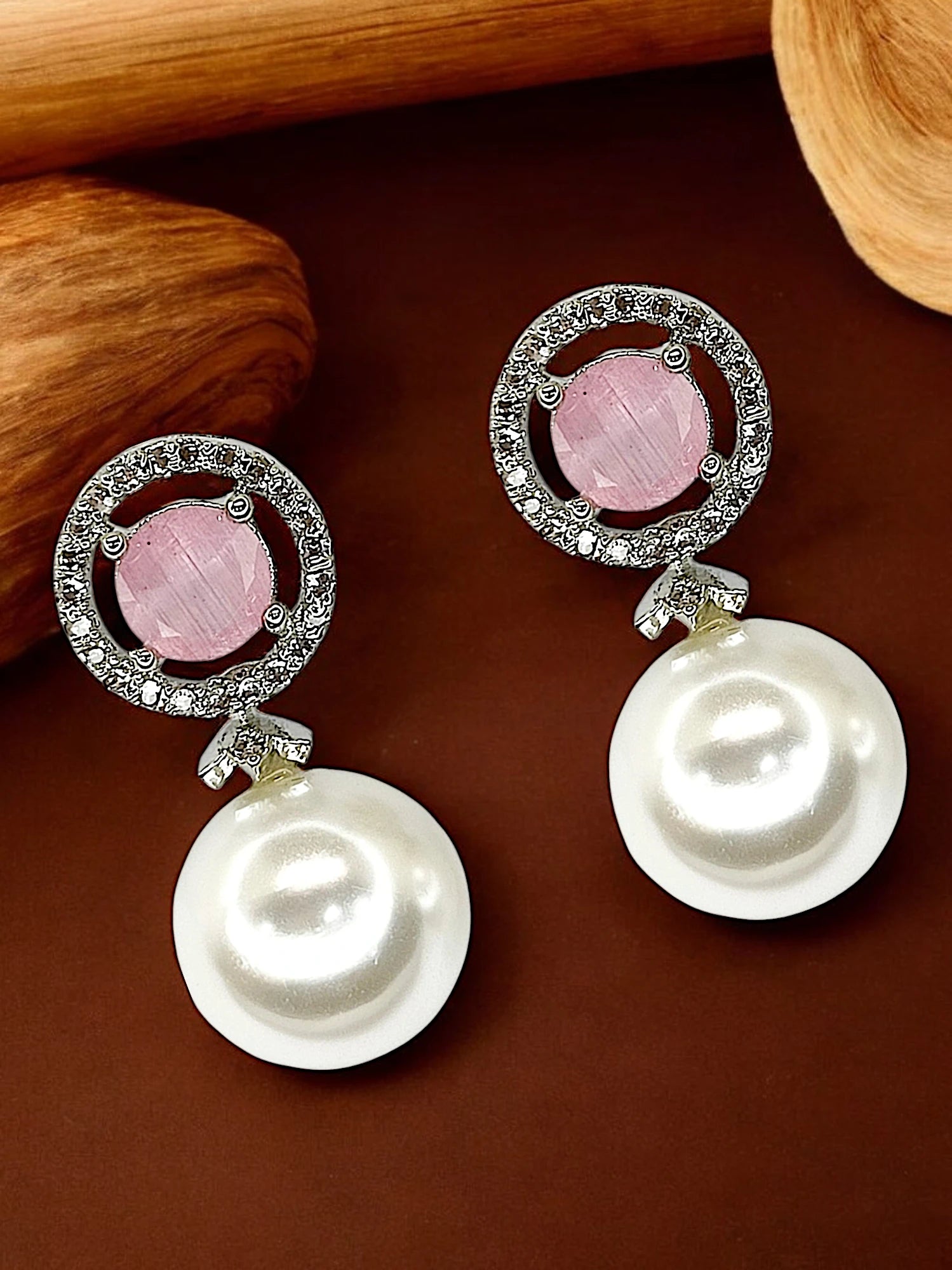 Baby Pink Quartz and Pearl Drop Earrings with Diamond Halo