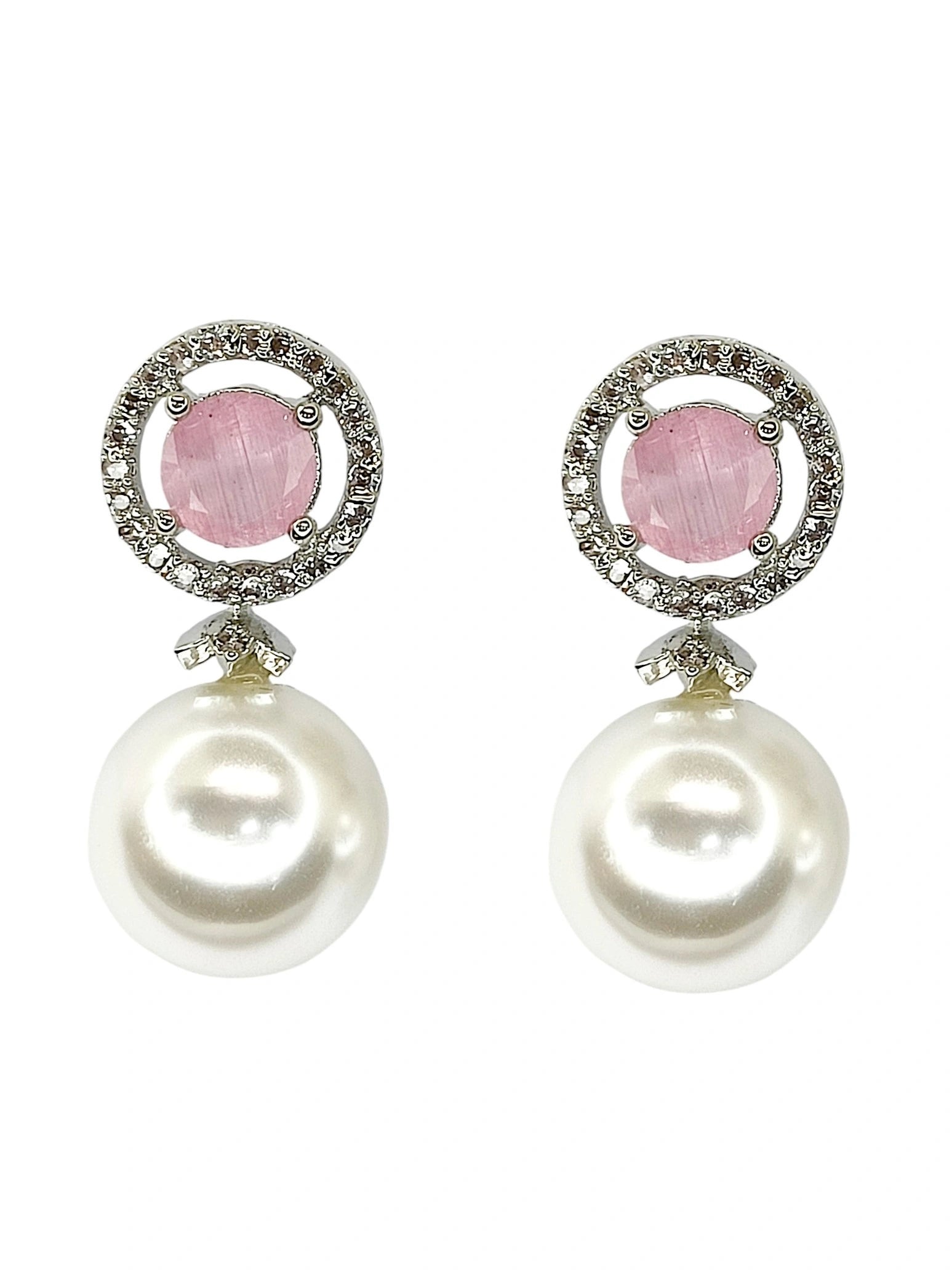 Baby Pink Quartz and Pearl Drop Earrings with Diamond Halo