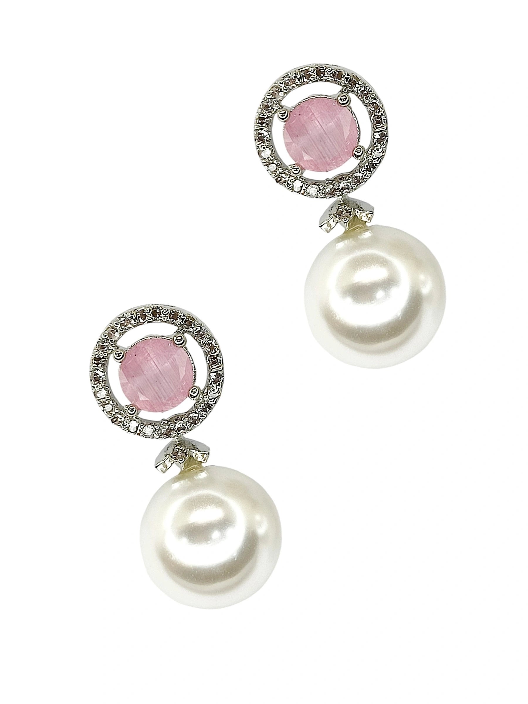 Baby Pink Quartz and Pearl Drop Earrings with Diamond Halo