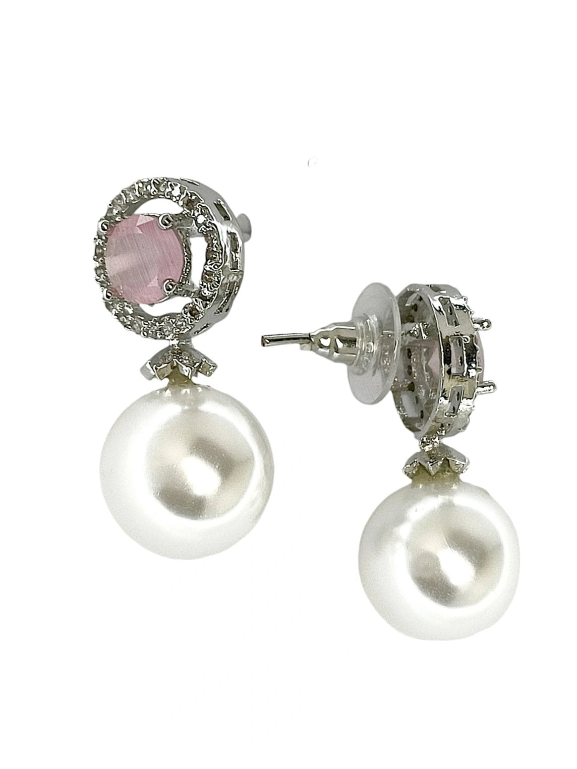 Baby Pink Quartz and Pearl Drop Earrings with Diamond Halo