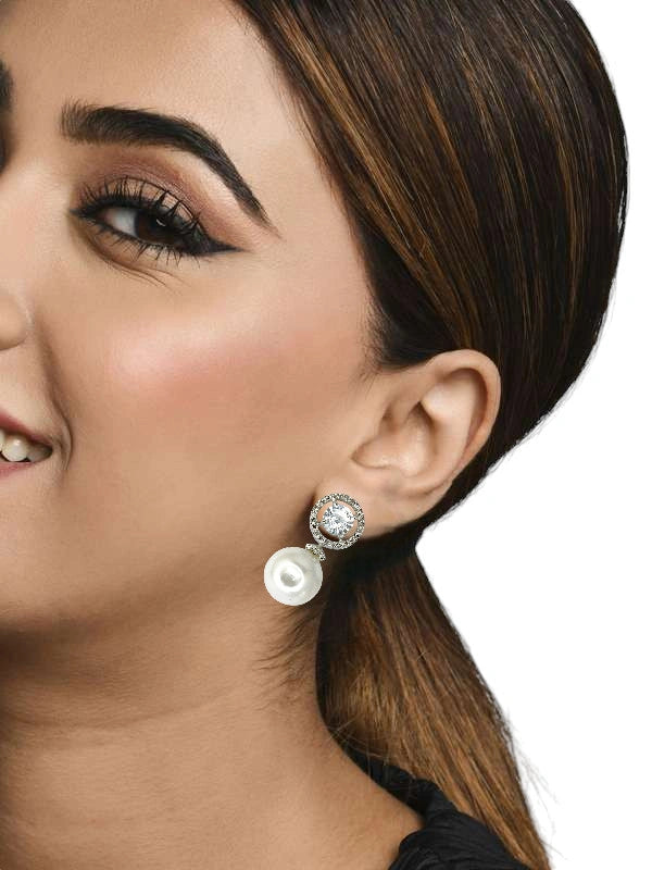 Moonstone and Pearl Drop Earrings with Diamond Halo