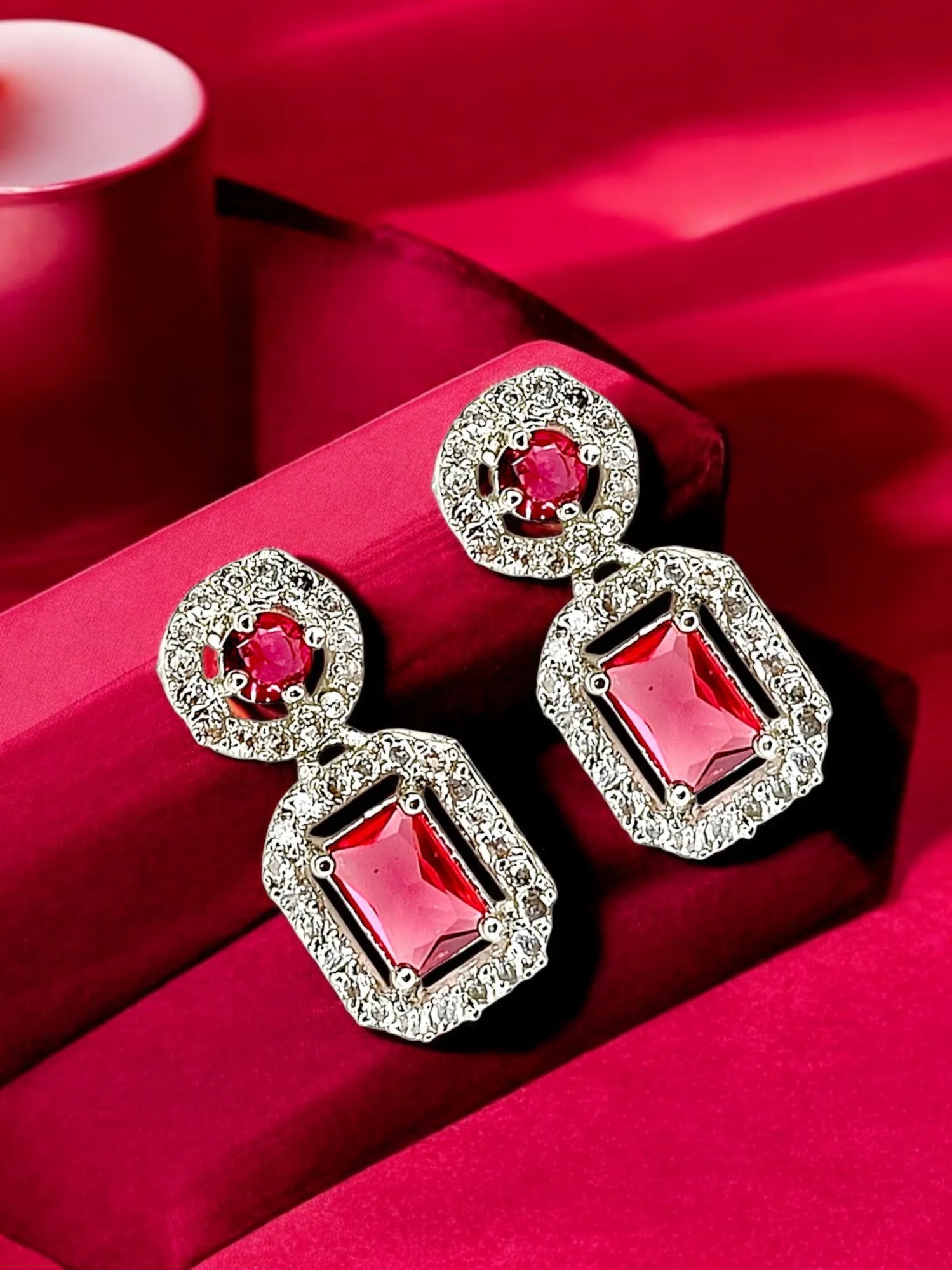 Silver Plated AD Studded White and Pink Drop Earrings