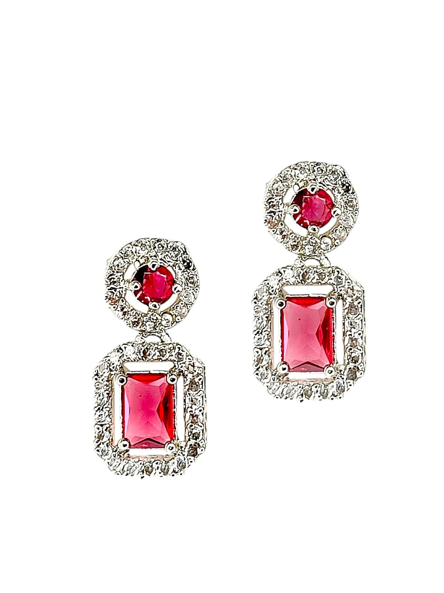 Silver Plated AD Studded White and Pink Drop Earrings
