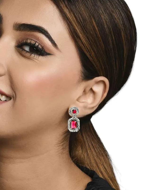 Silver Plated AD Studded White and Pink Drop Earrings