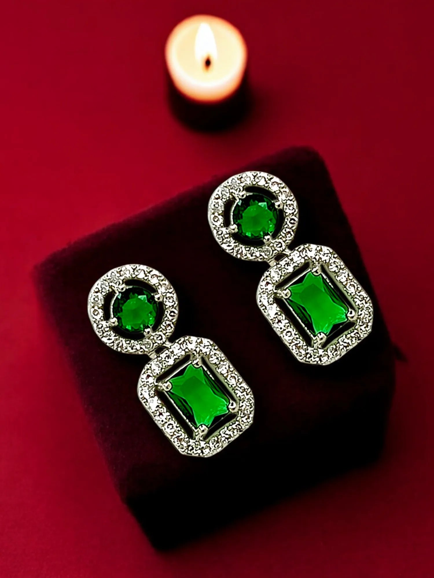 Silver Plated American Diamond Studded Geometric Shaped Drop Earrings