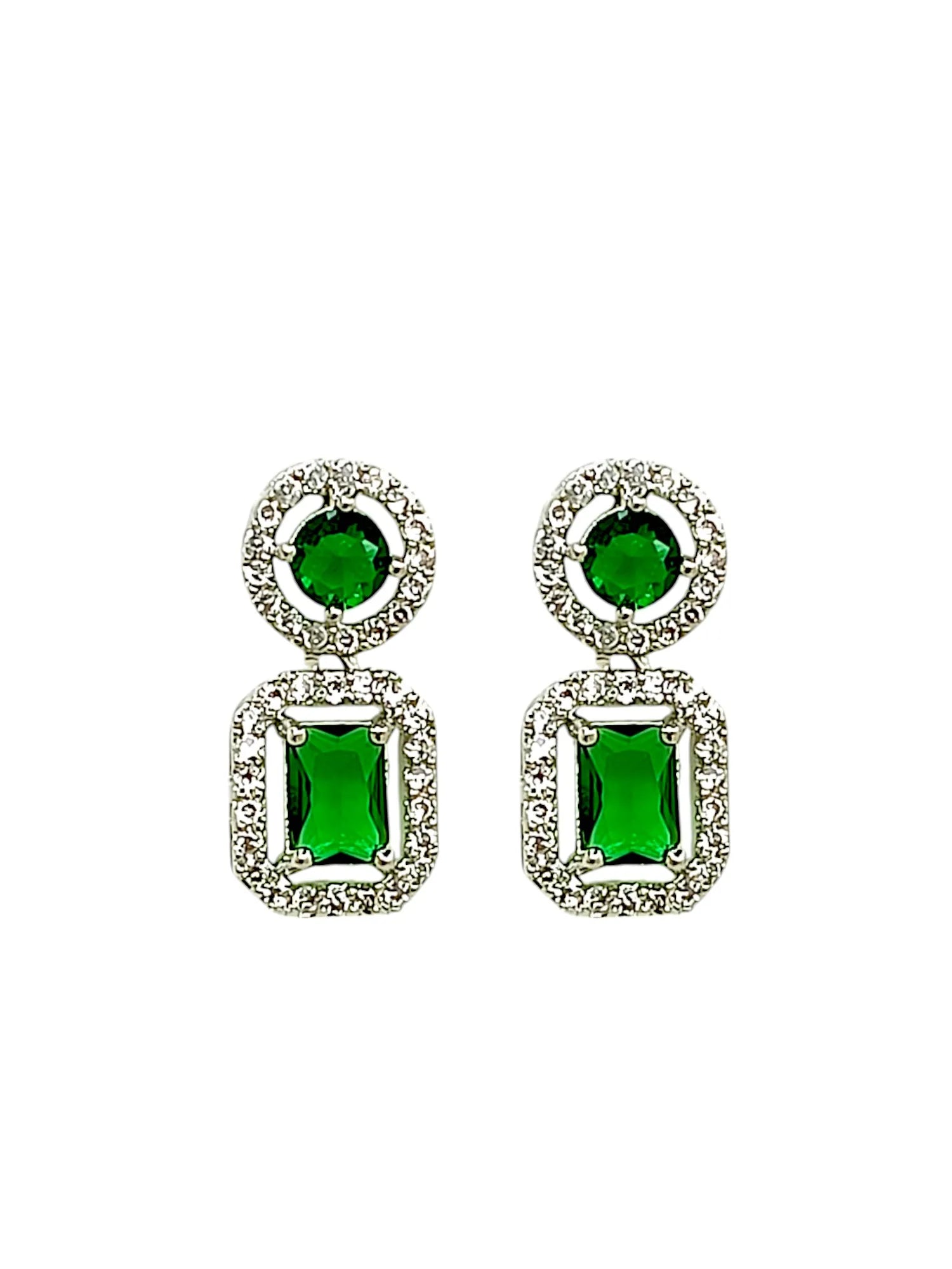 Silver Plated American Diamond Studded Geometric Shaped Drop Earrings