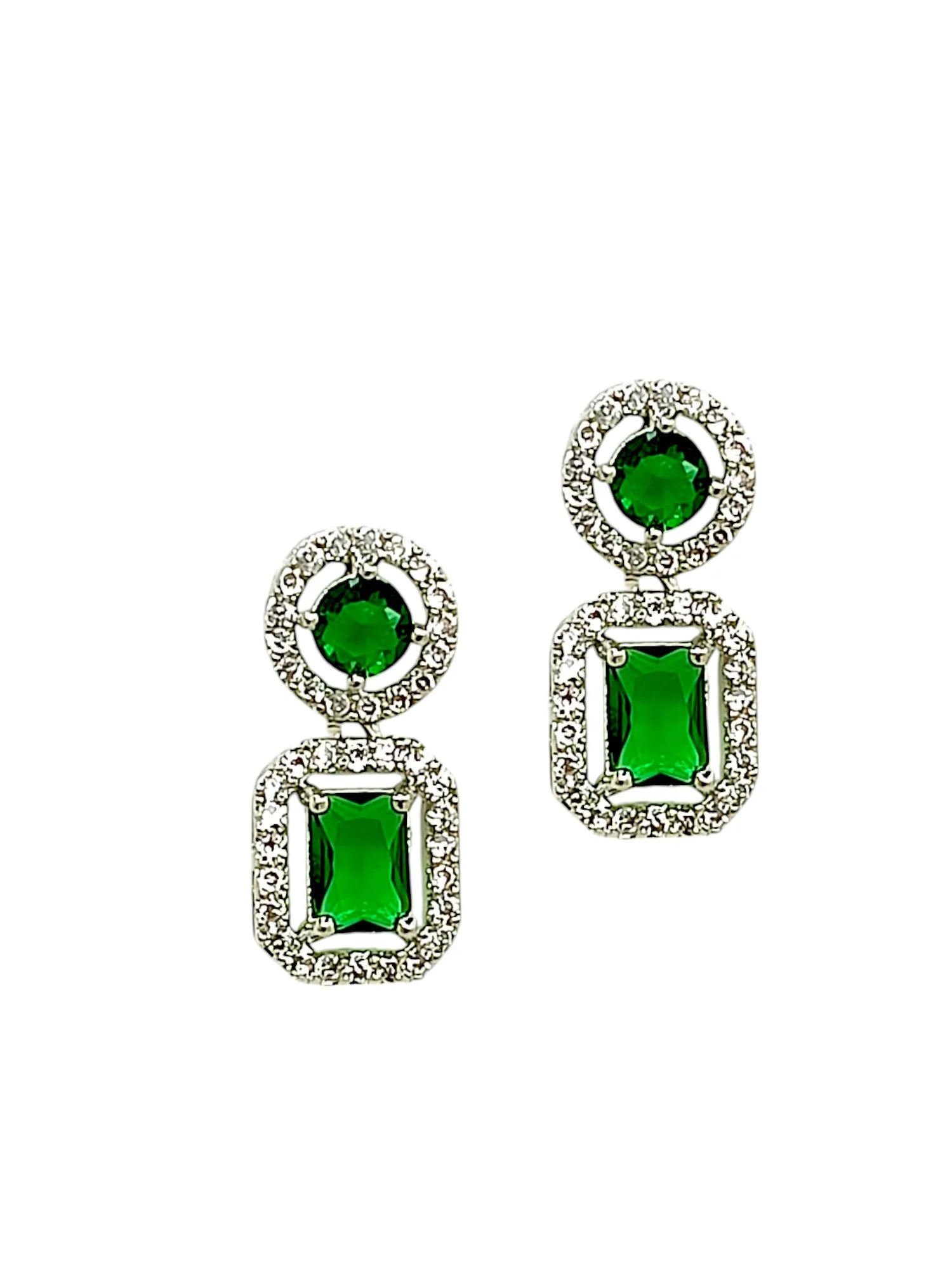 Silver Plated American Diamond Studded Geometric Shaped Drop Earrings
