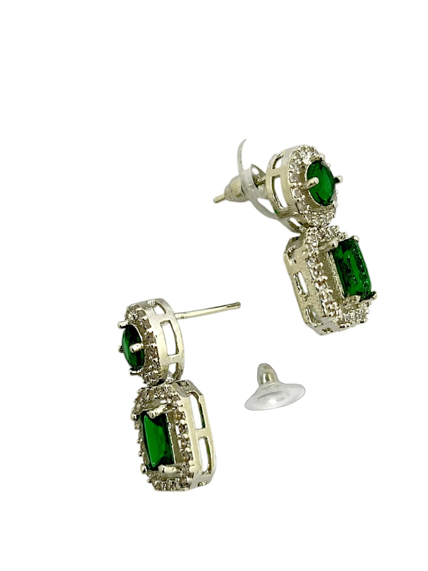 Silver Plated American Diamond Studded Geometric Shaped Drop Earrings