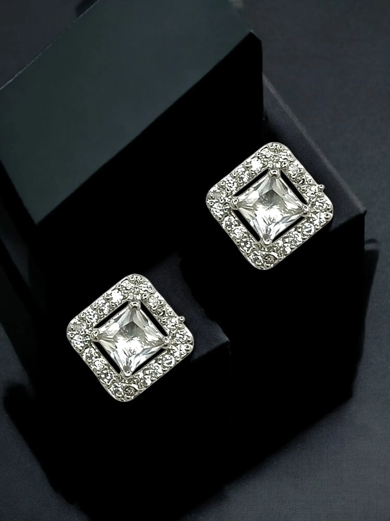 Silver Plated AD Studded White Square Stud Earrings