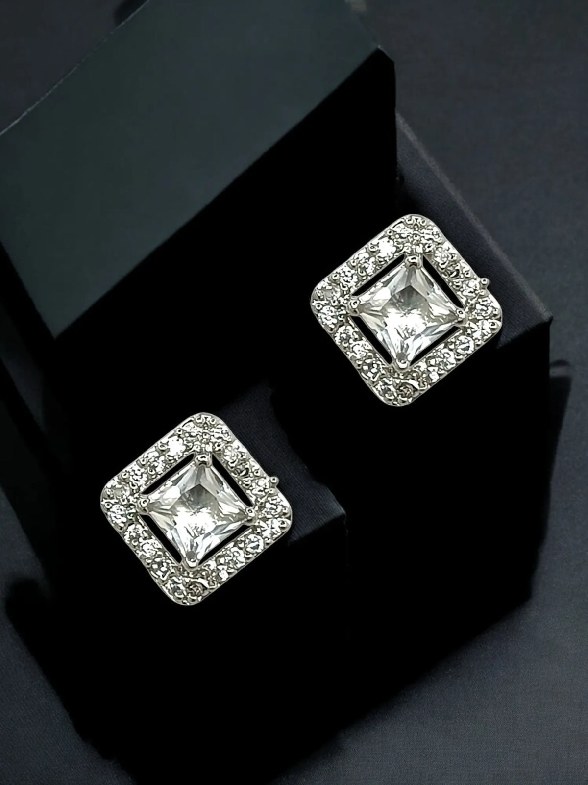Silver Plated AD Studded White Square Stud Earrings