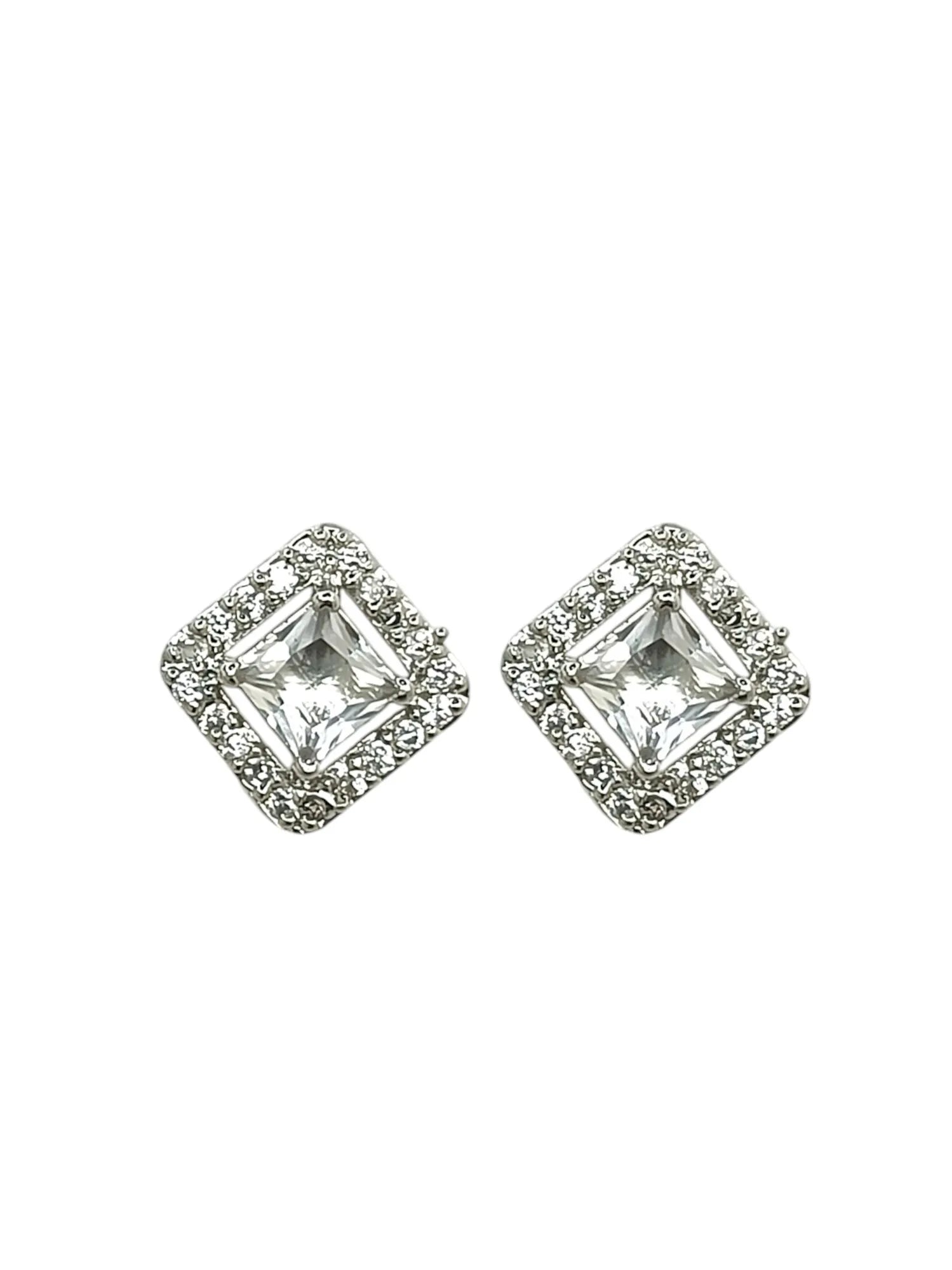 Silver Plated AD Studded White Square Stud Earrings