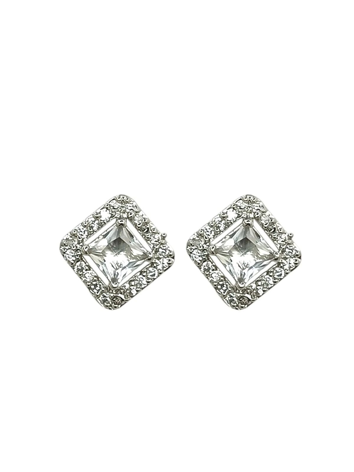 Silver Plated AD Studded White Square Stud Earrings