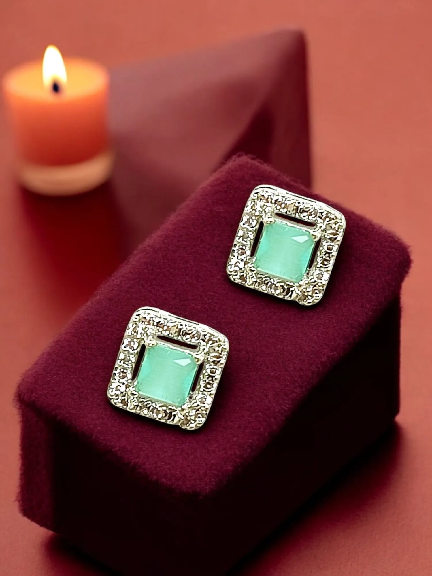 Silver Plated AD Studded White and Mint Green Square Stud Earrings