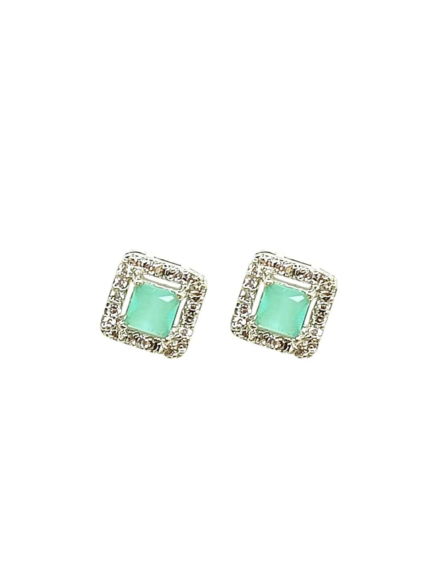 Silver Plated AD Studded White and Mint Green Square Stud Earrings