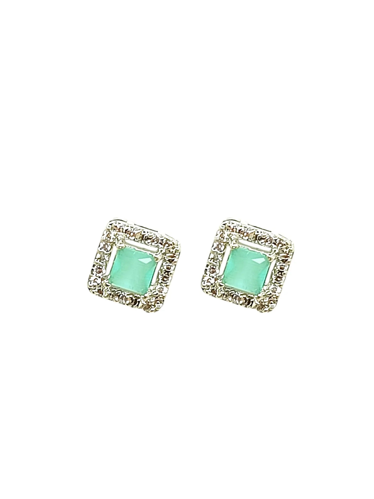 Silver Plated AD Studded White and Mint Green Square Stud Earrings