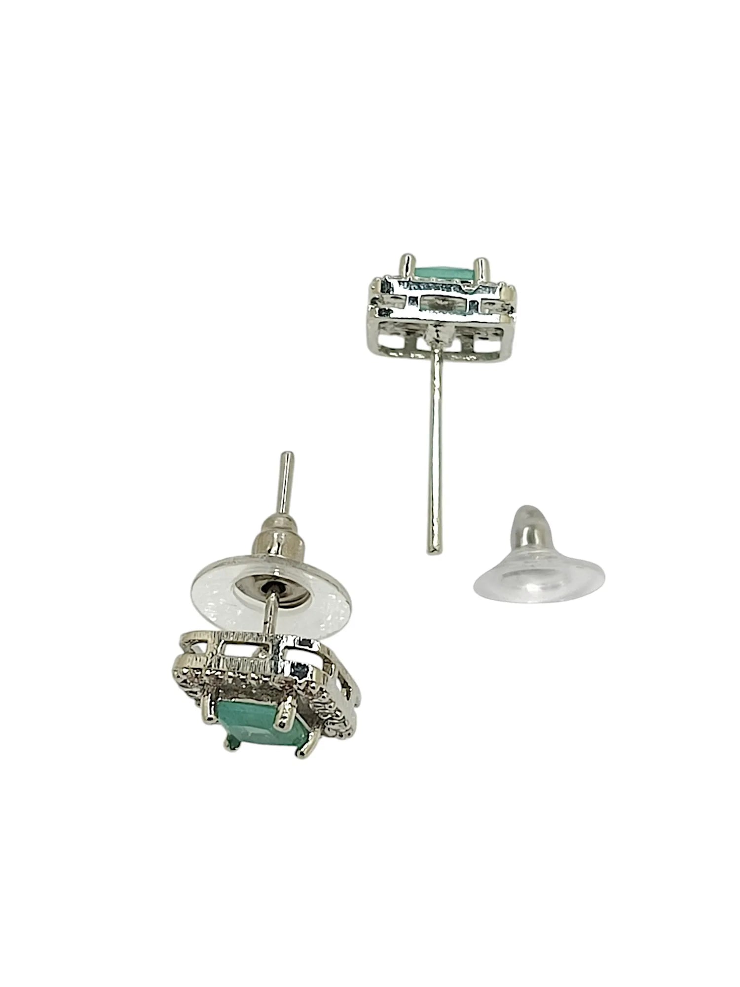 Silver Plated AD Studded White and Mint Green Square Stud Earrings