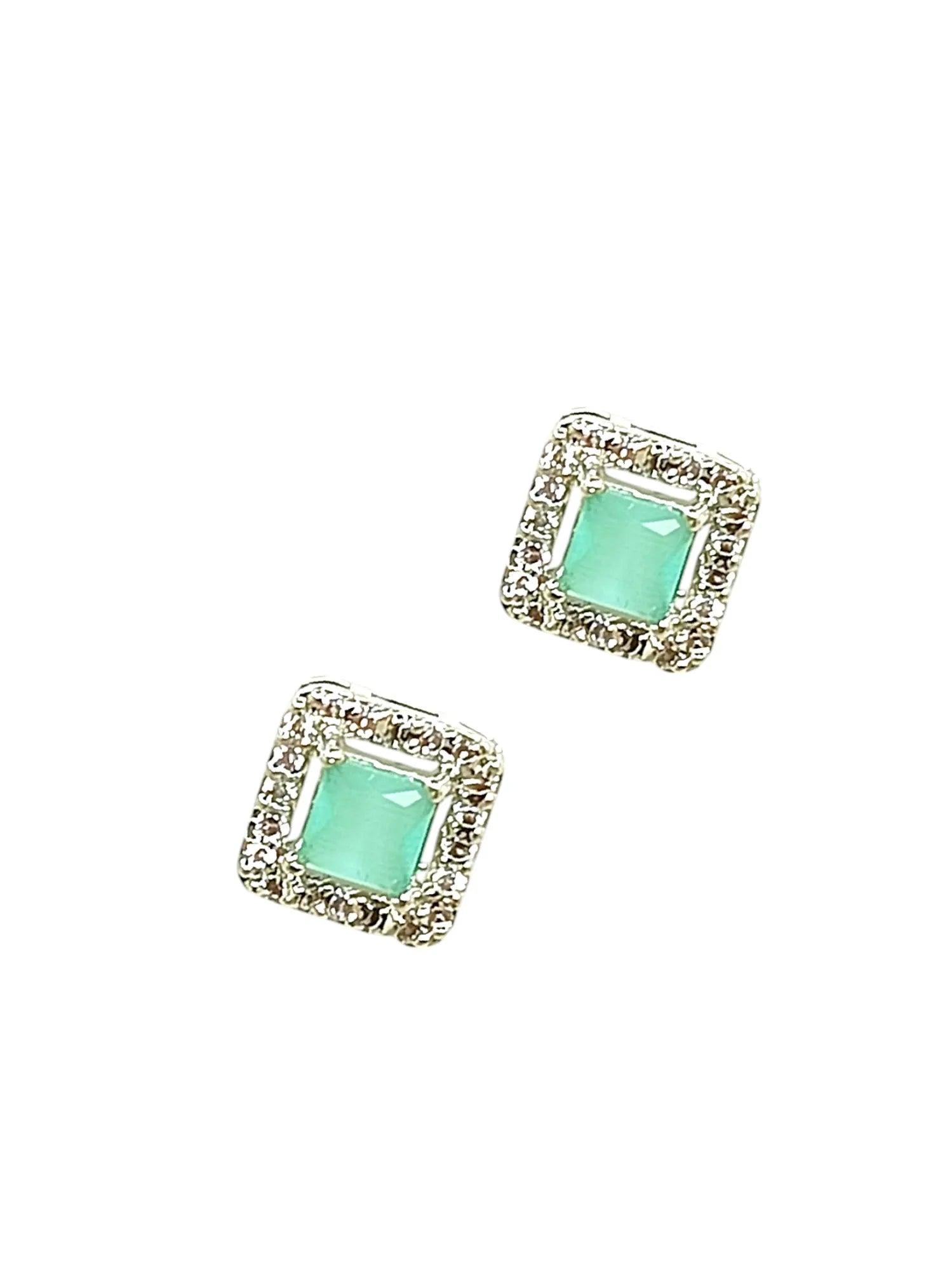 Silver Plated AD Studded White and Mint Green Square Stud Earrings