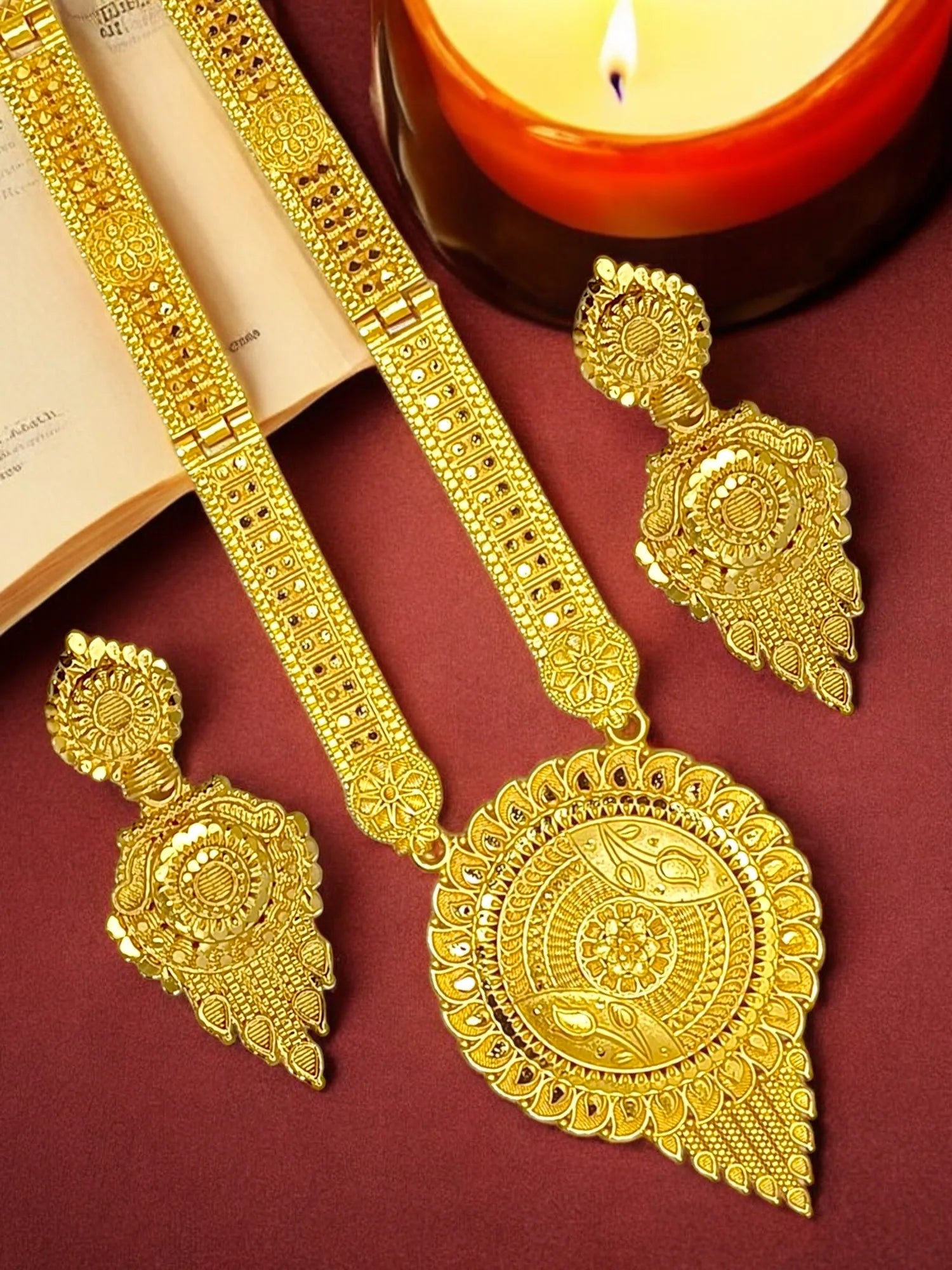 Gold Plated Round Shape Long Haaram Necklace Set