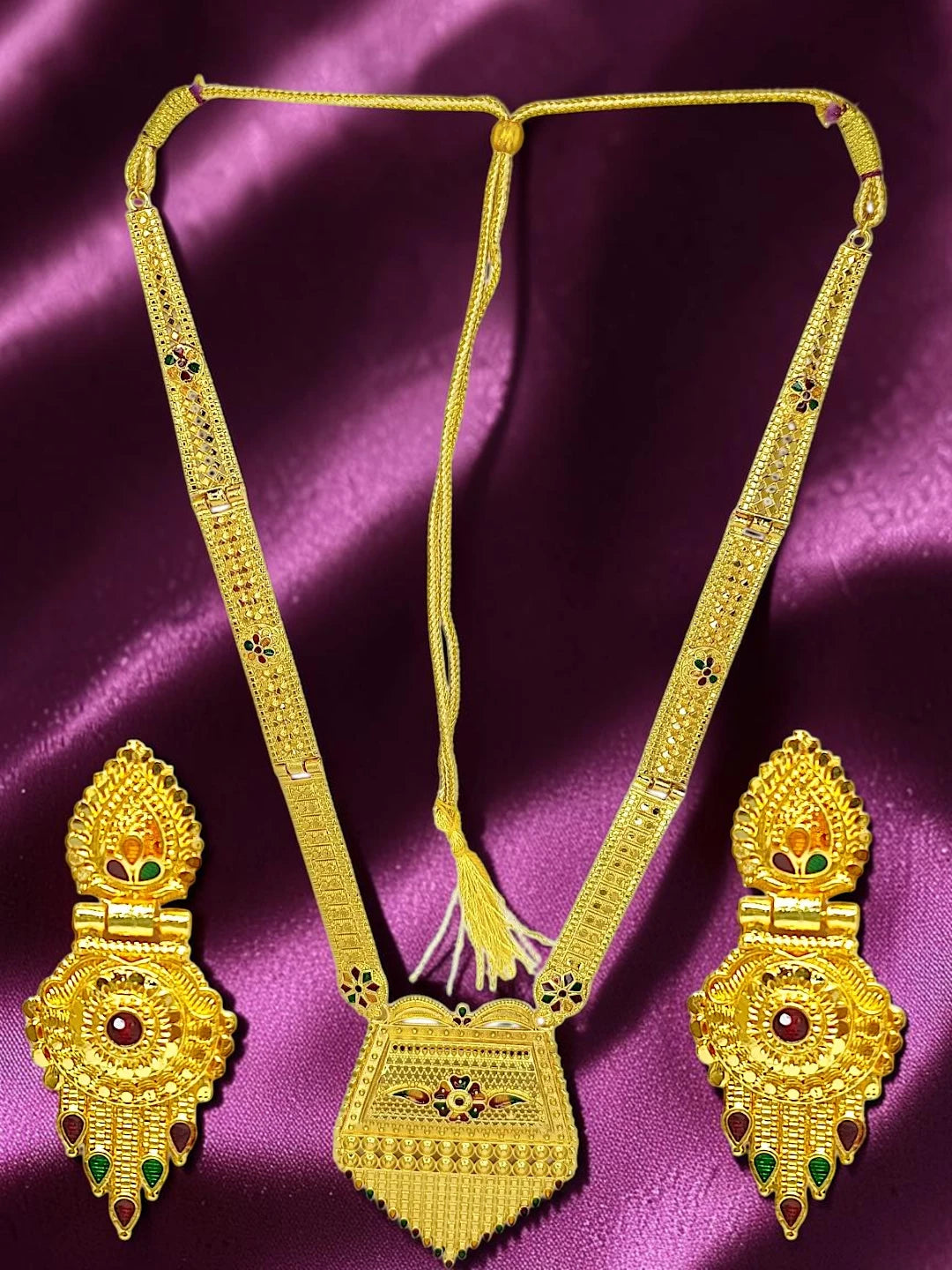 Gold-Plated Meenakari Long Haaram Necklace Set For Woment