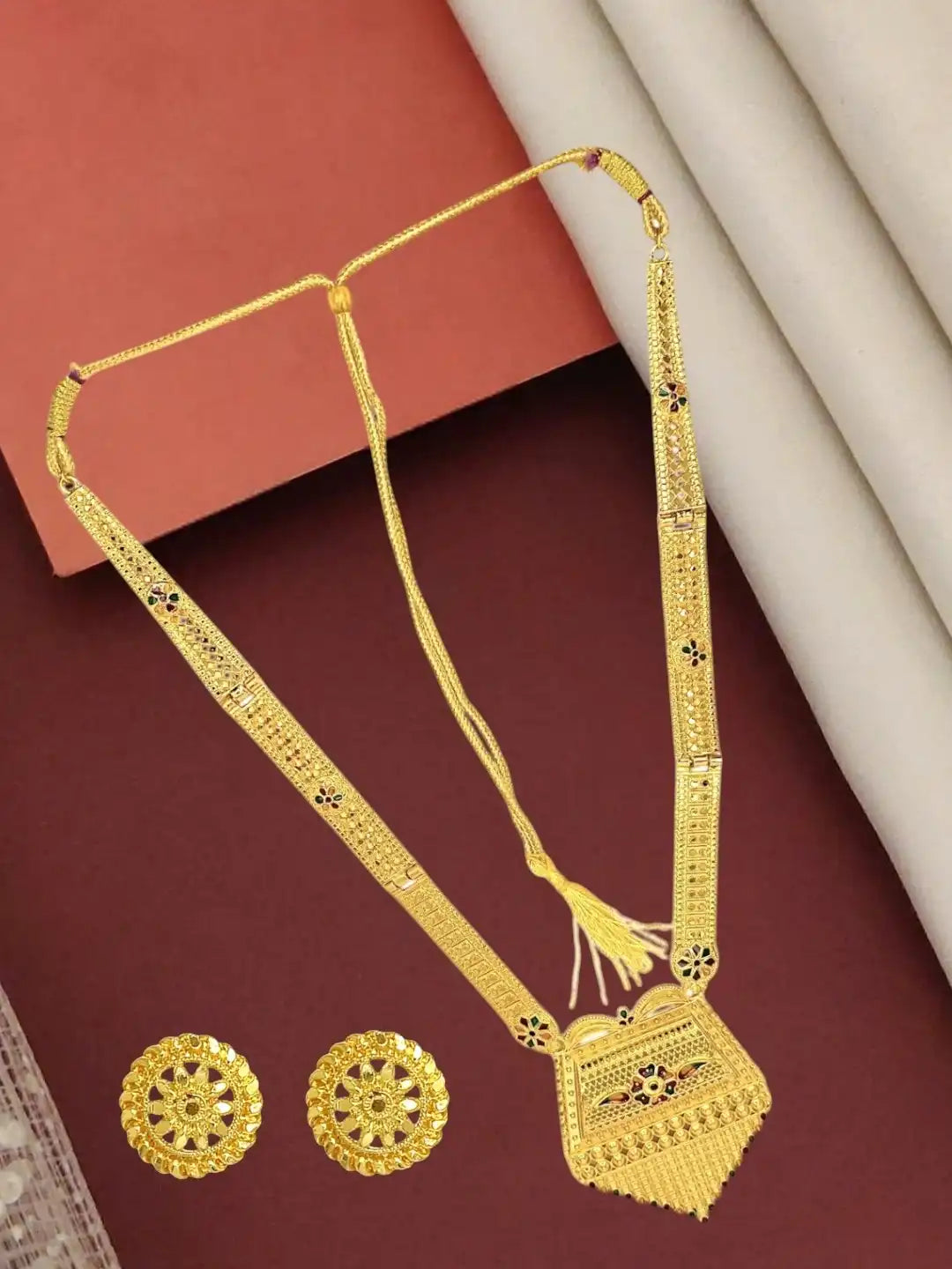 Gold-Plated Meenakari Long Haaram Necklace Set with Matching Earrings