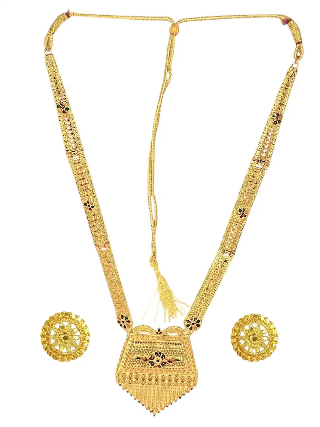 Gold-Plated Meenakari Long Haaram Necklace Set with Matching Earrings