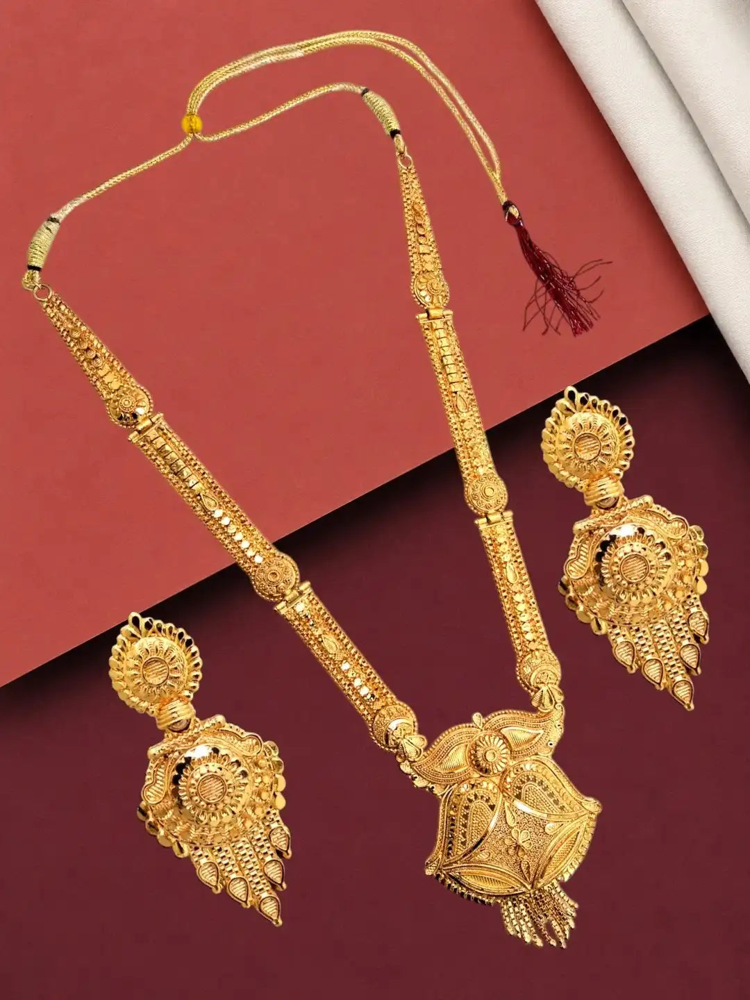 Gold-Plated Traditional Long Haaram Necklace Set with Statement Earrings