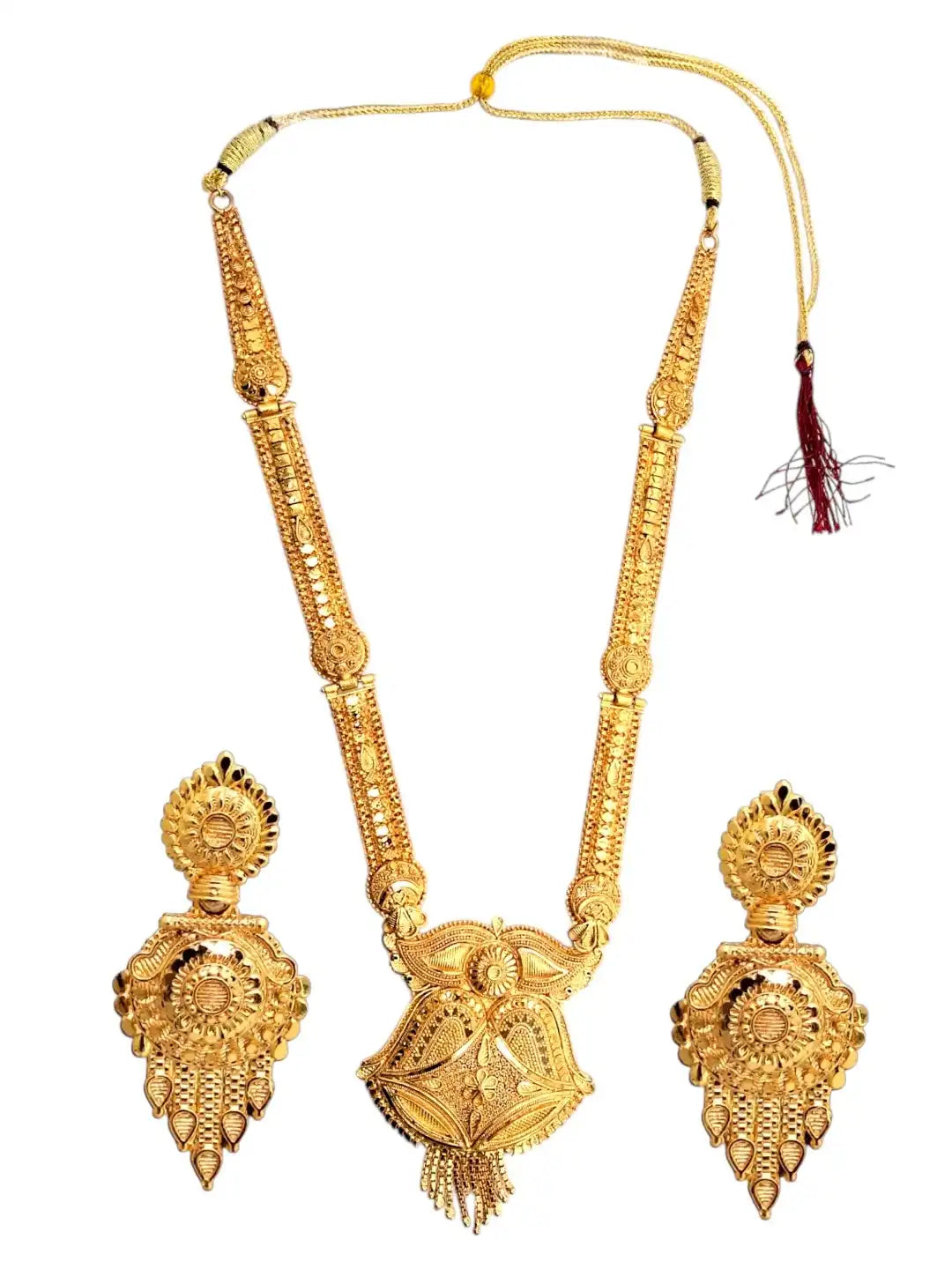 Gold-Plated Traditional Long Haaram Necklace Set with Statement Earrings