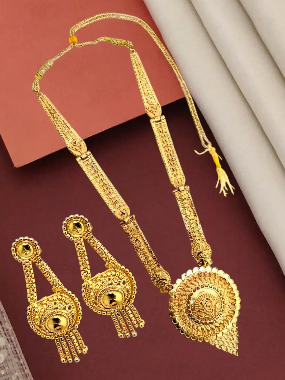 Gold Plated Round Shape Long Haaram Necklace Set with Matching Drop Earrings