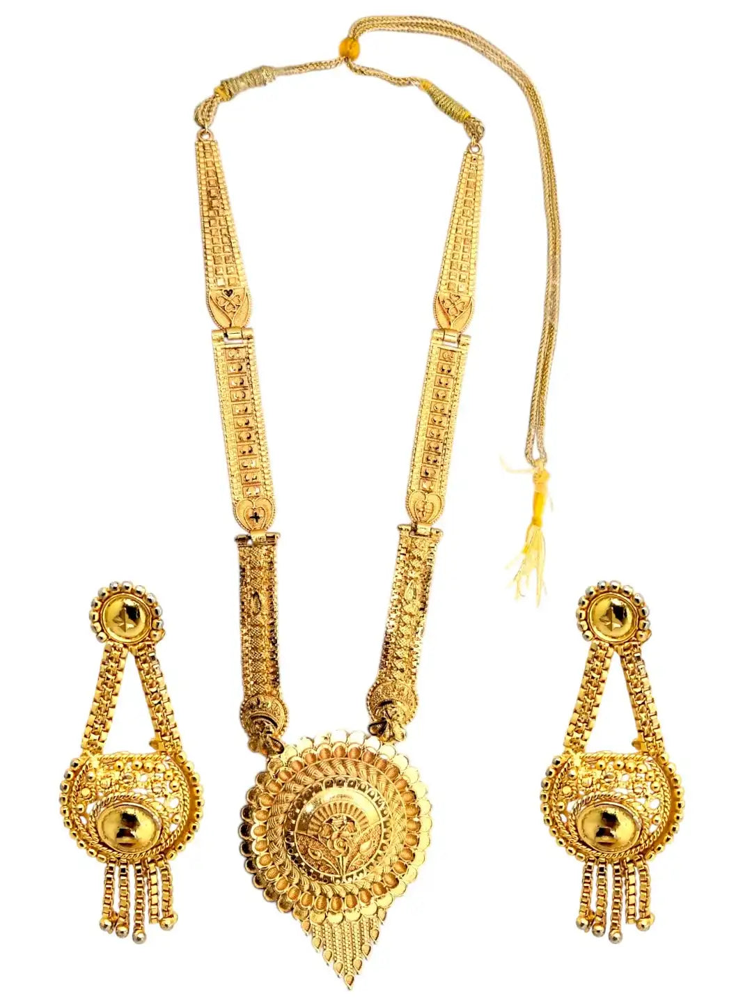 Gold Plated Round Shape Long Haaram Necklace Set with Matching Drop Earrings