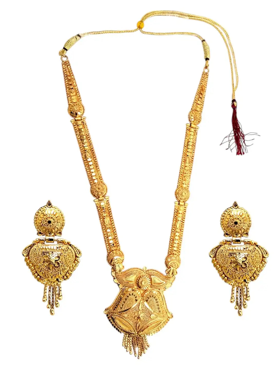Gold-Plated Traditional Long Haaram Necklace Set with Matching Statement Drop Earrings