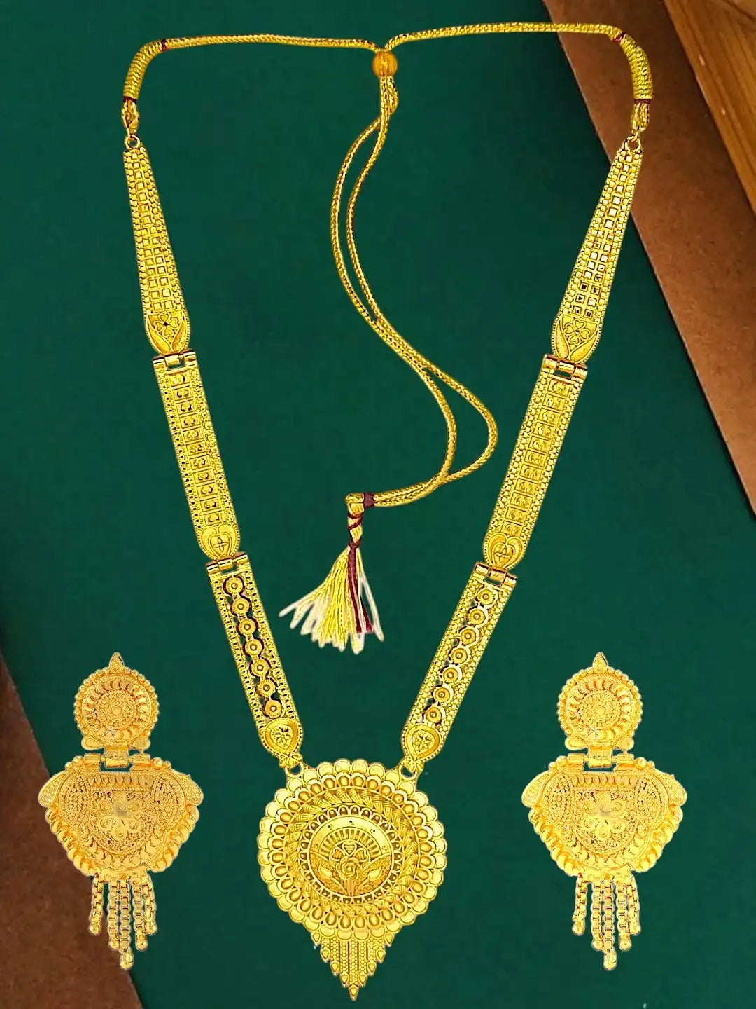 Gold Plated Traditional Round Shape Long Haaram Necklace Set with Matching Earrings