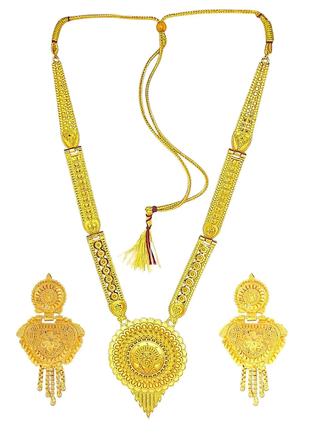 Gold Plated Traditional Round Shape Long Haaram Necklace Set with Matching Earrings
