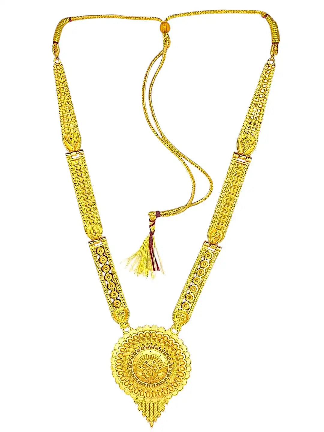 Gold Plated Traditional Round Shape Long Haaram Necklace Set with Matching Earrings
