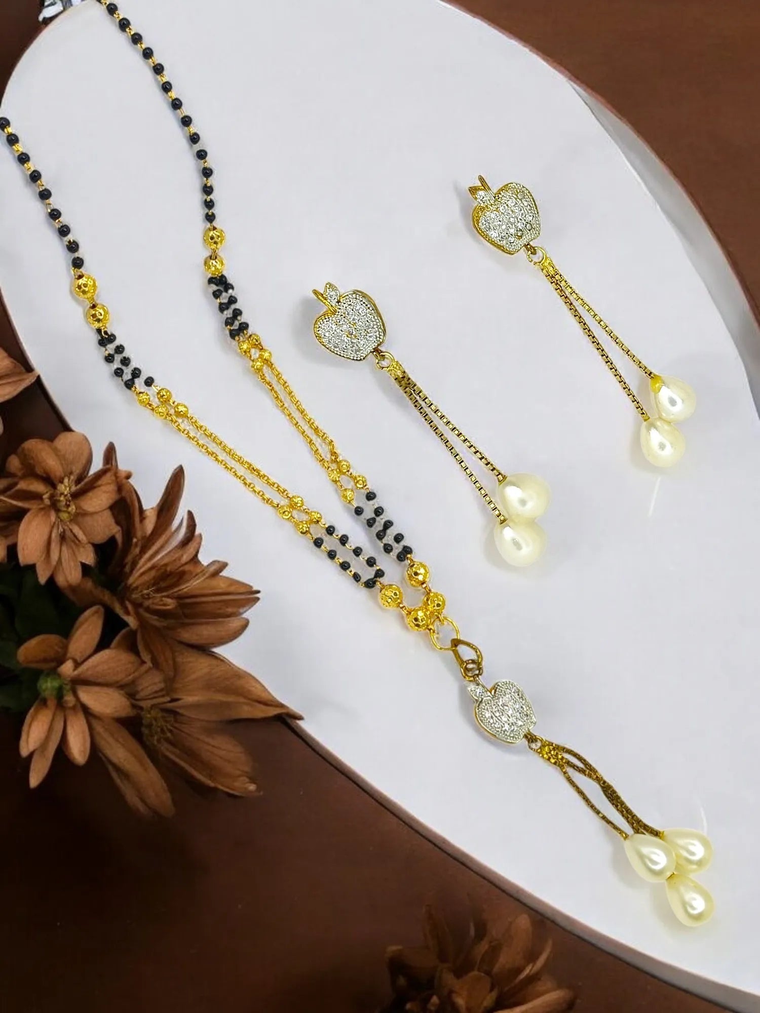 Gold-Plated White & Black AD-Studded & Beaded Mangalsutra