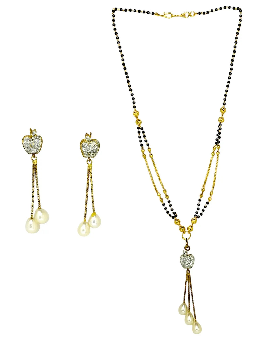 Gold-Plated White & Black AD-Studded & Beaded Mangalsutra