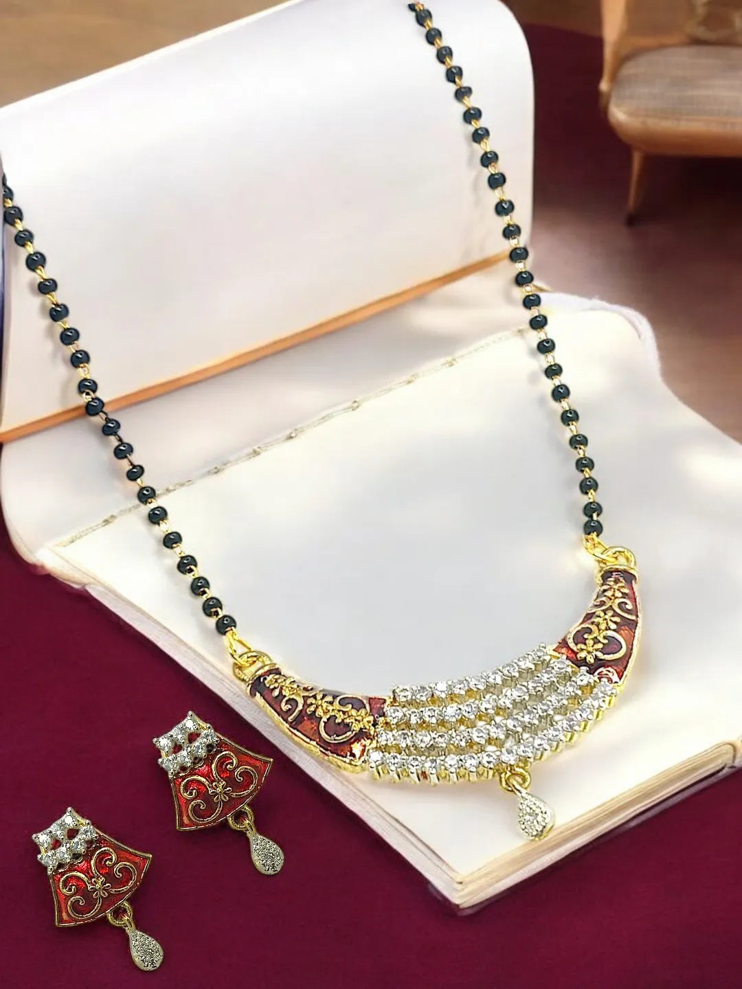 Gold-Plated Artificial Stones and Beads Zirconia Studded Mangalsutra Set