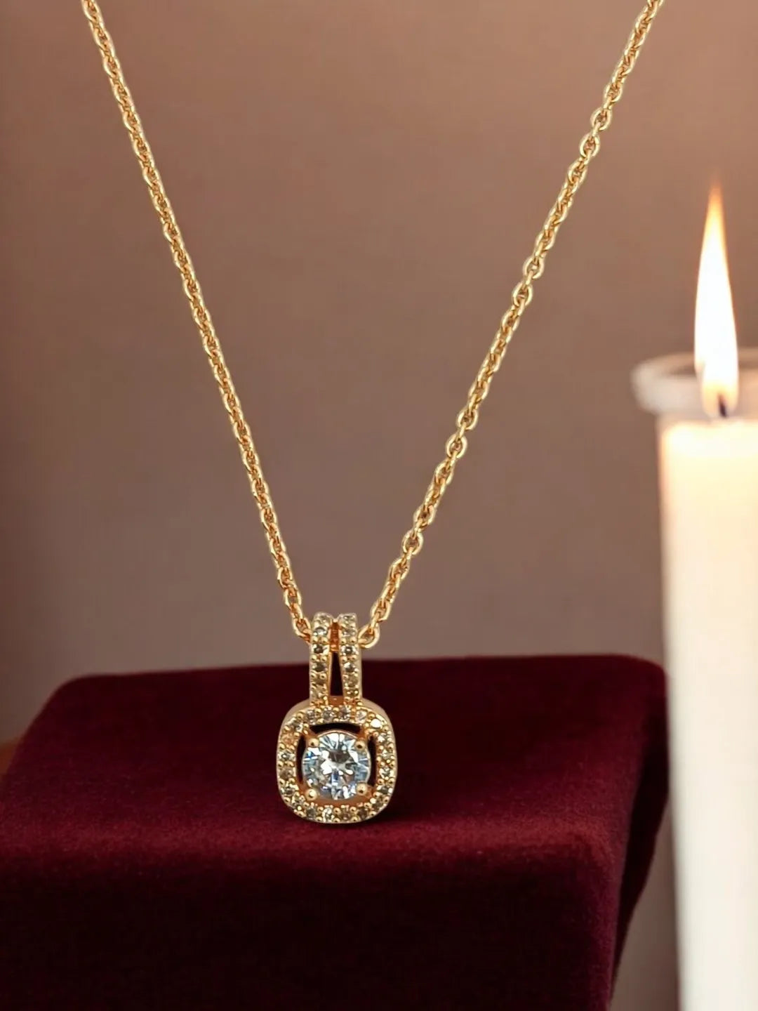Gold-Plated American Diamond Studded Square Pendants with Chains