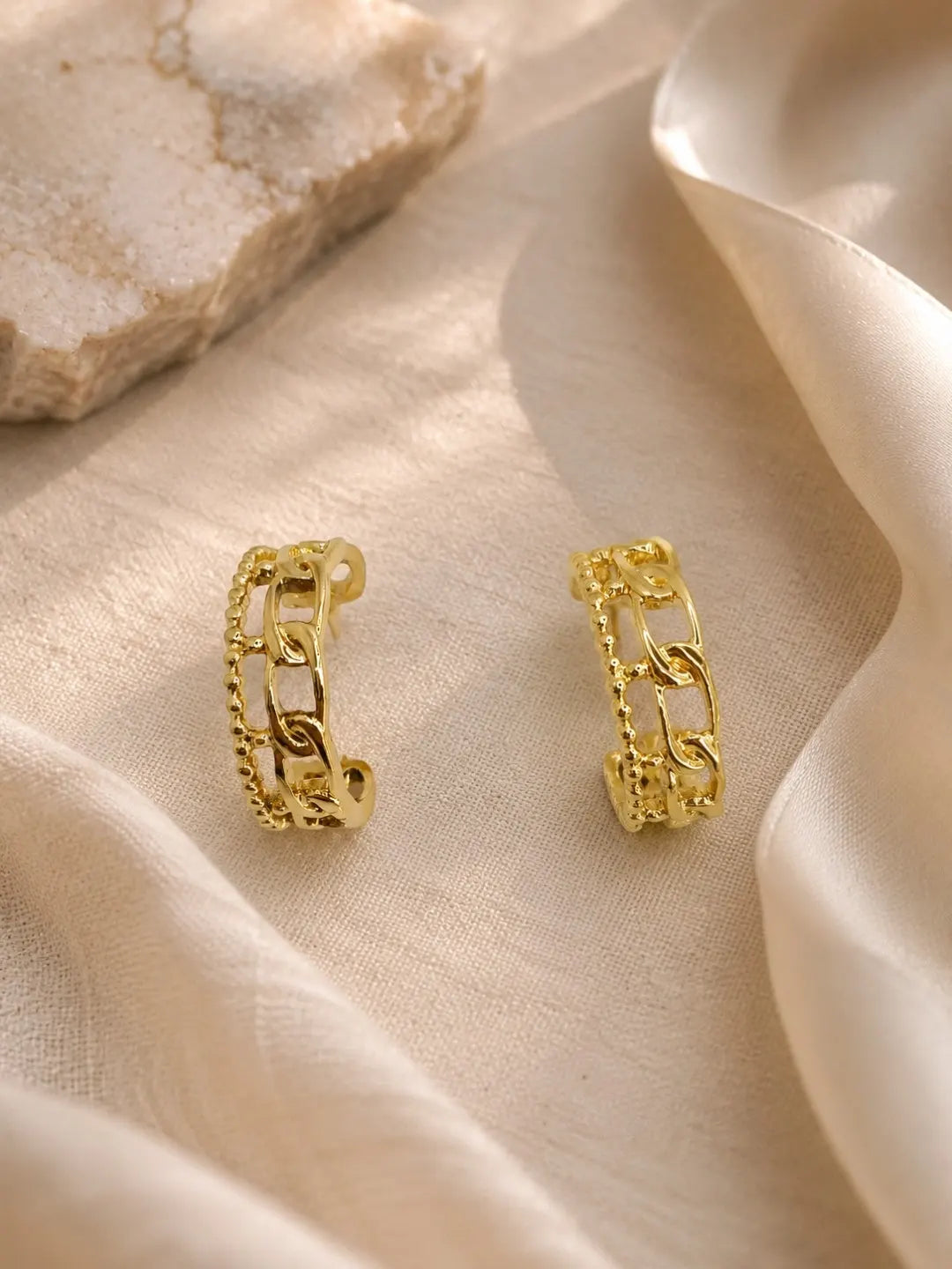 Gold Plated Stainless Steel Link Chain Design Hoop Earrings
