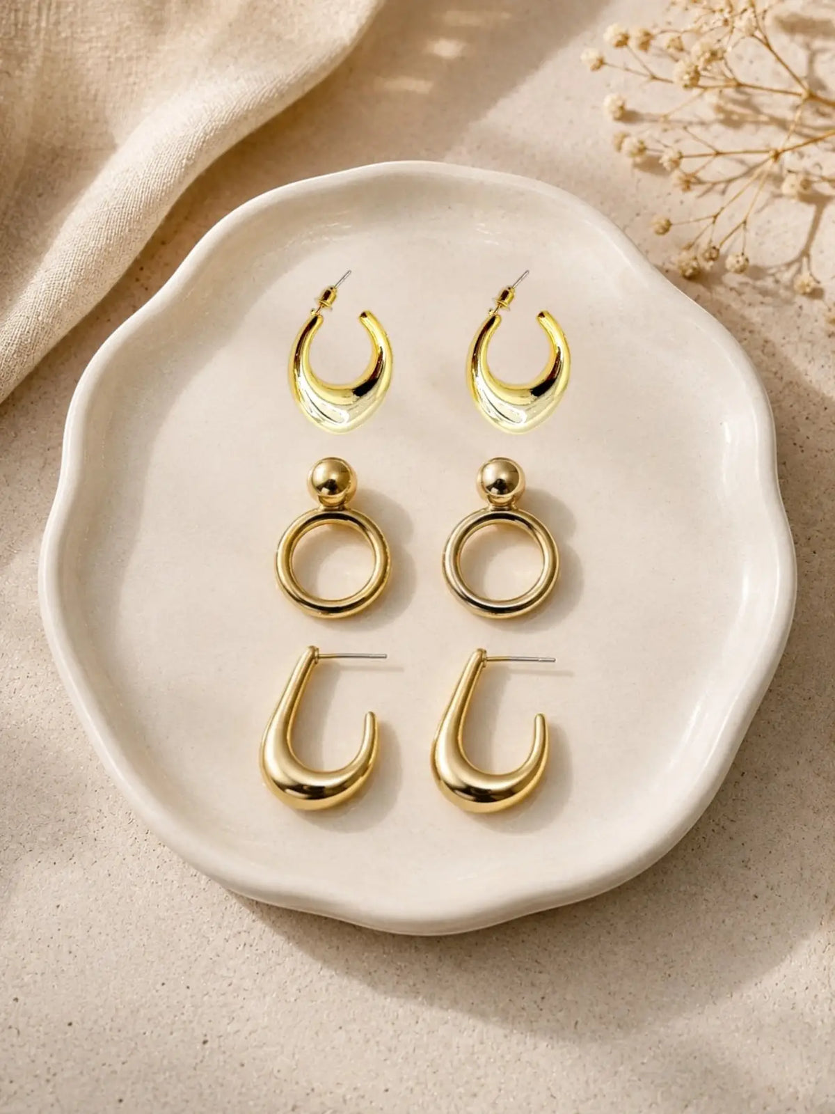 Set Of 3 Trendy Geometric Anti Tarnish Combo Earrings