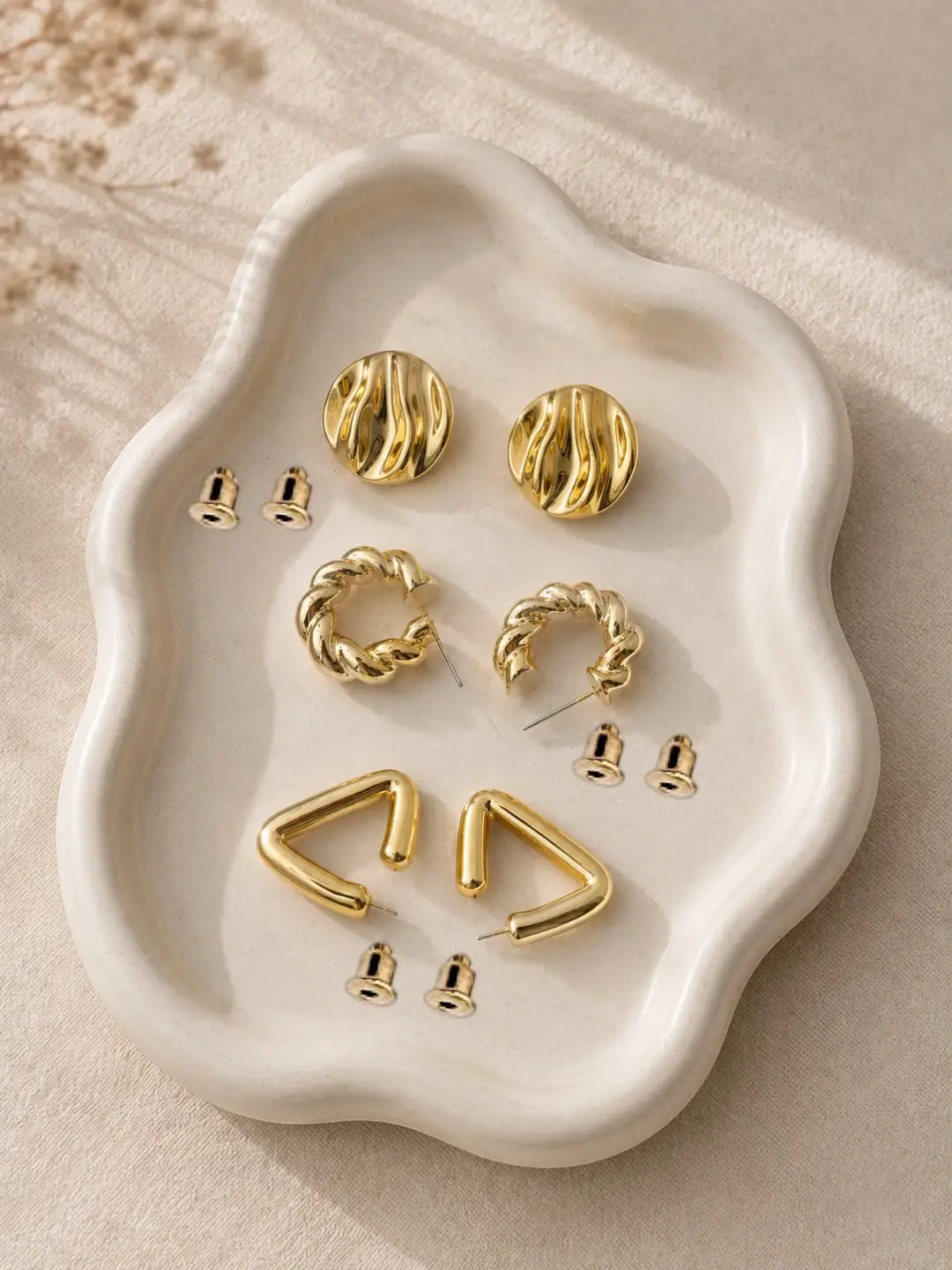 Set Of 3 Anti Tarnish Geometric Twisted Korean Combo Earrings