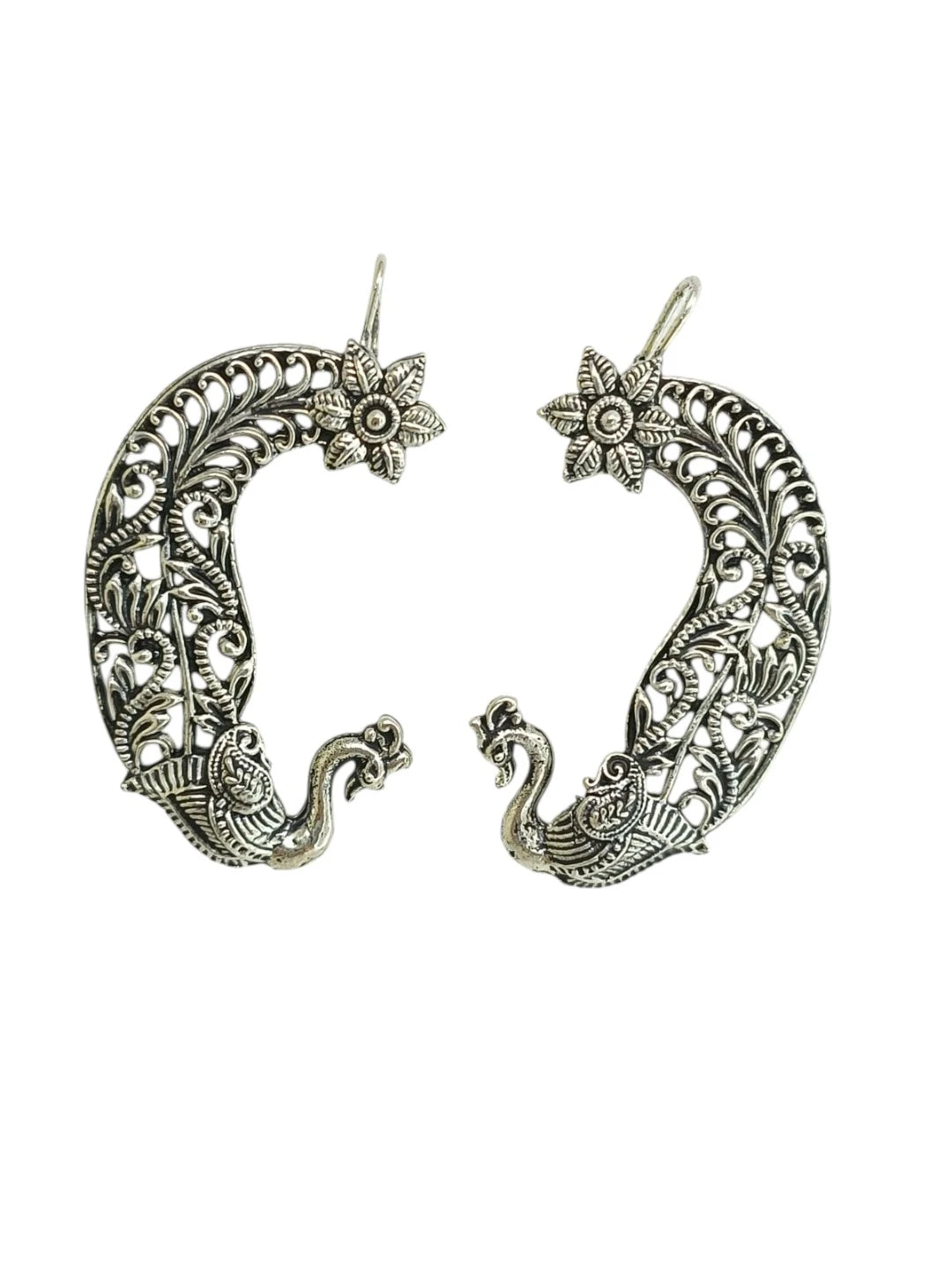 Silver Oxidized  Pair Of Peacock Ear Cuff Earrings