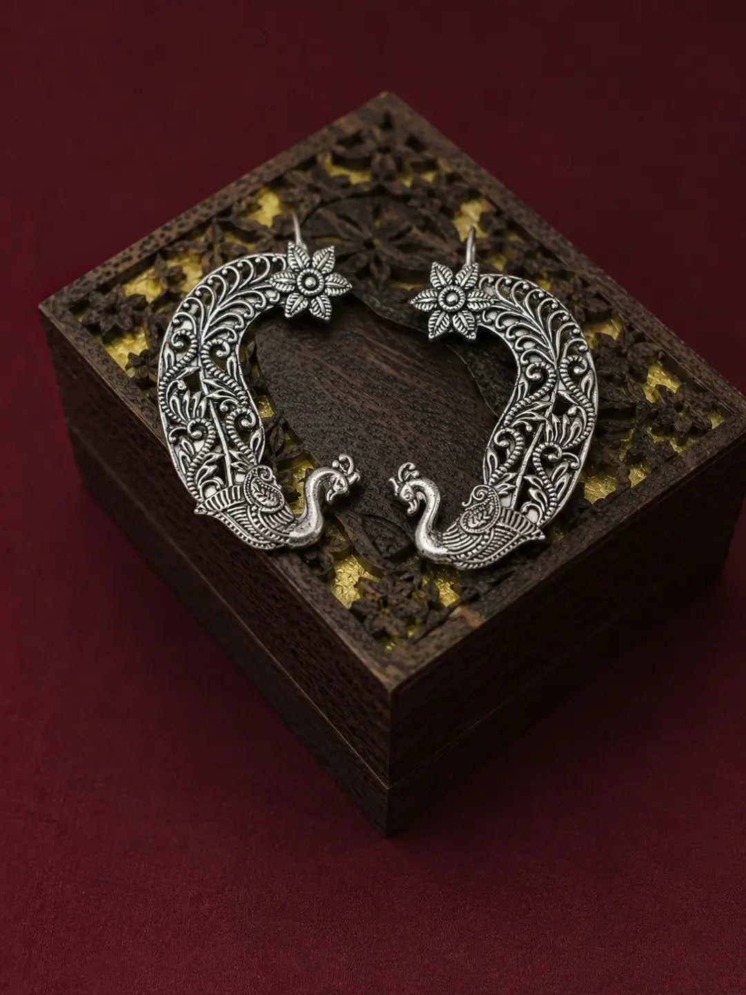 Silver Oxidized  Pair Of Peacock Ear Cuff Earrings