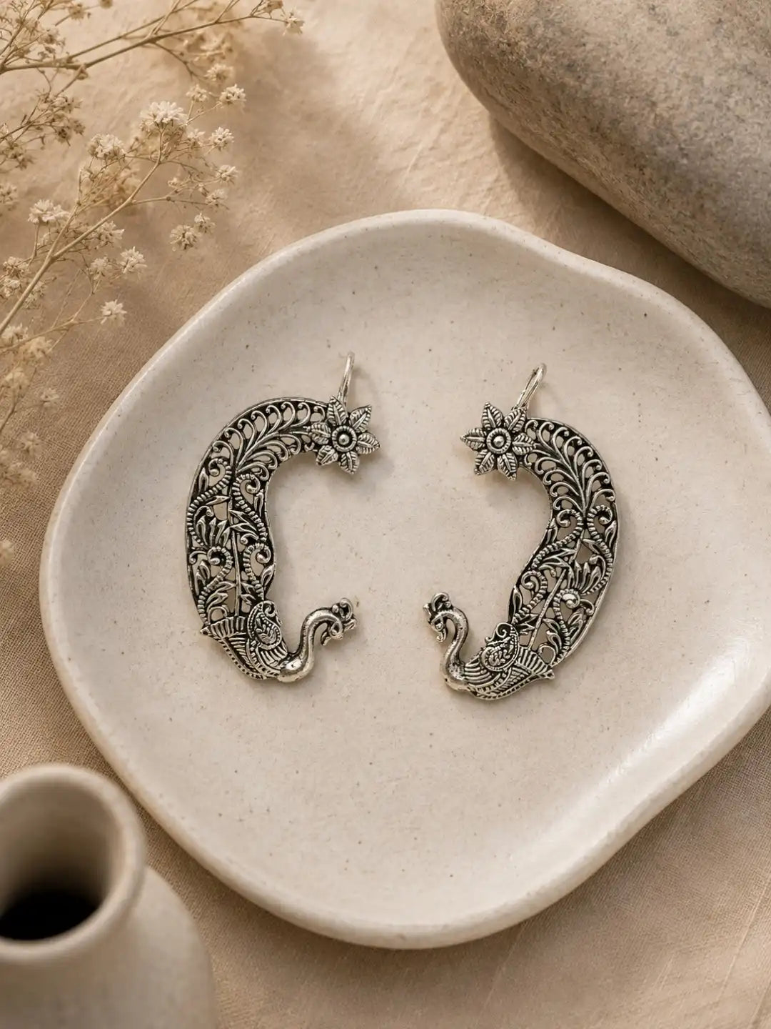 Silver Oxidized  Pair Of Peacock Ear Cuff Earrings