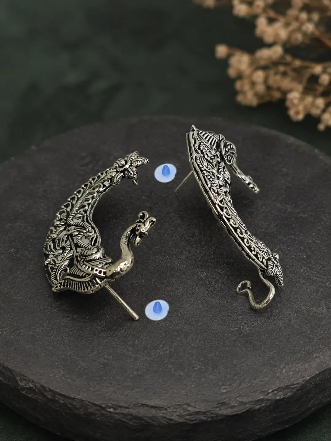Silver Oxidized  Pair Of Peacock Ear Cuff Earrings